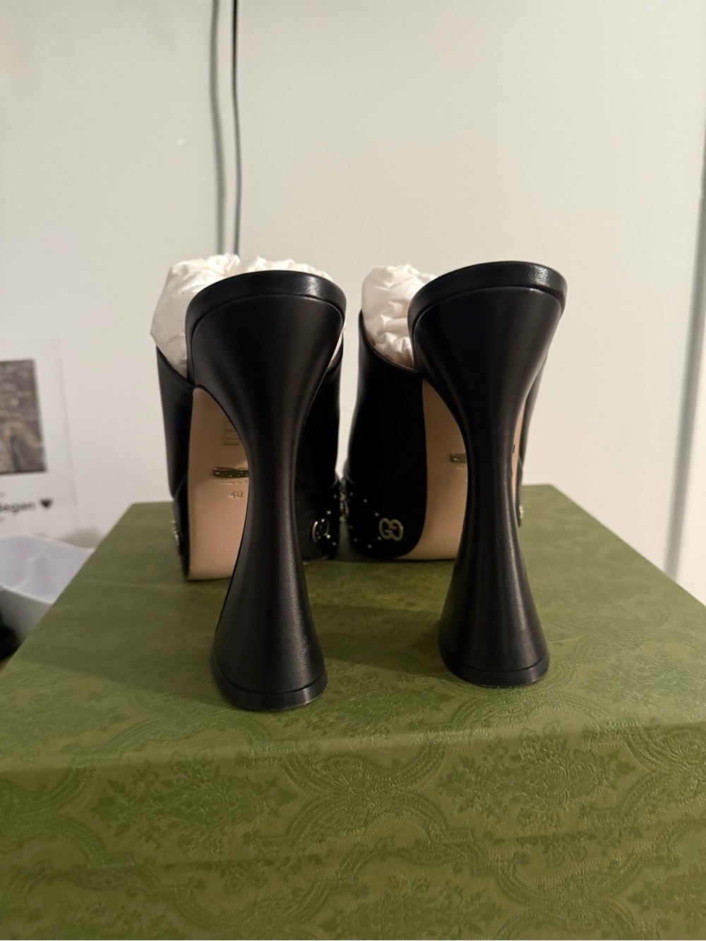 Gucci Black Leather Platform Mule Clogs with Gold GG Studs - Picture 4 of 9